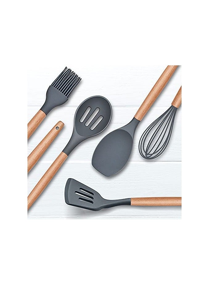erorex Kitchen Utensils Set, Herogo 12 Piece Silicone Utensil with Holder, Heat Resistant Cooking Utensils with Wooden Handle for Non Stick Cookware Pans, Silicone Kitchen Gadgets Tool Set, Grey - Image 2