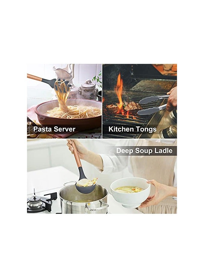 erorex Kitchen Utensils Set, Herogo 12 Piece Silicone Utensil with Holder, Heat Resistant Cooking Utensils with Wooden Handle for Non Stick Cookware Pans, Silicone Kitchen Gadgets Tool Set, Grey - Image 3