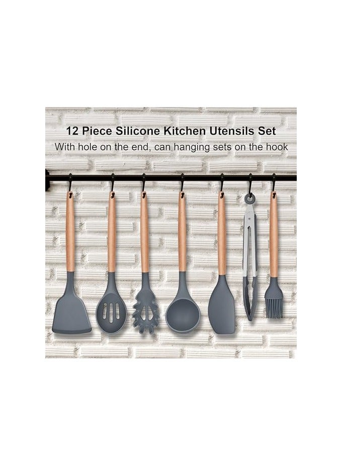 erorex Kitchen Utensils Set, Herogo 12 Piece Silicone Utensil with Holder, Heat Resistant Cooking Utensils with Wooden Handle for Non Stick Cookware Pans, Silicone Kitchen Gadgets Tool Set, Grey - Image 5
