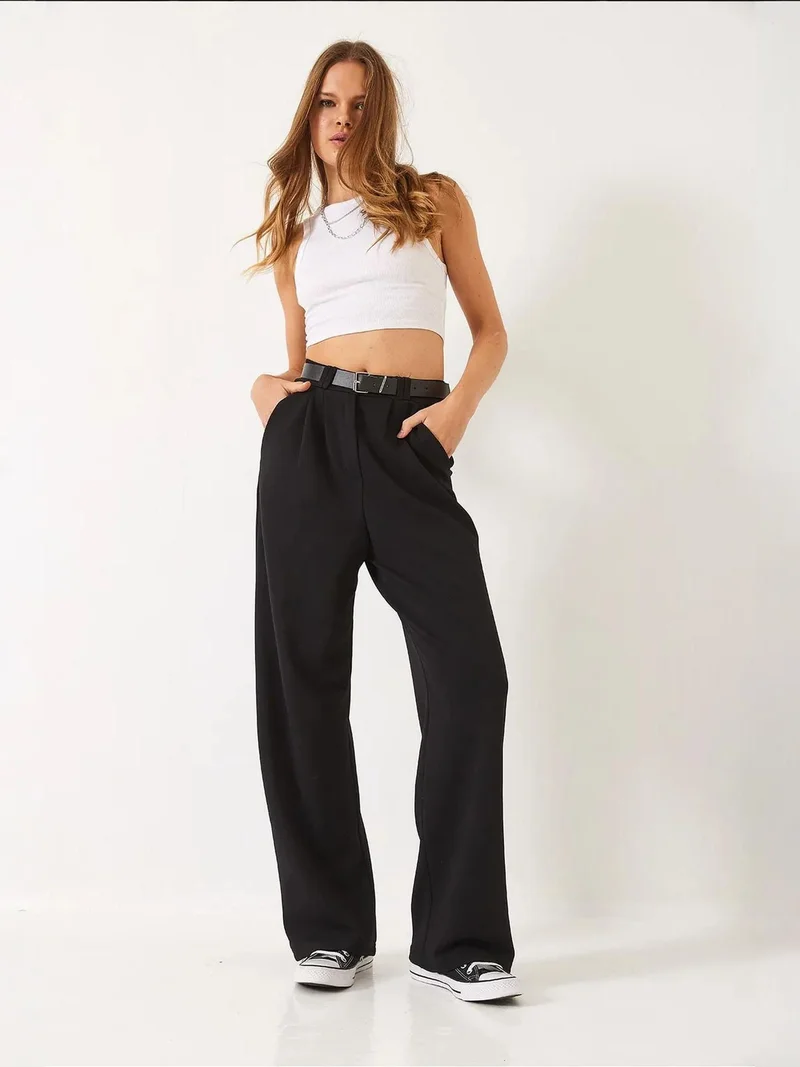 Bianco Lucci Black LUCCI Belted Wide Leg Knit Pants for Women | Best Price UAE