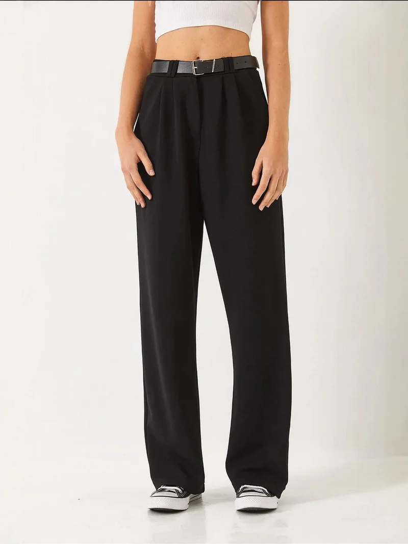 Bianco Lucci Black LUCCI Belted Wide Leg Knit Pants for Women | Best Price UAE