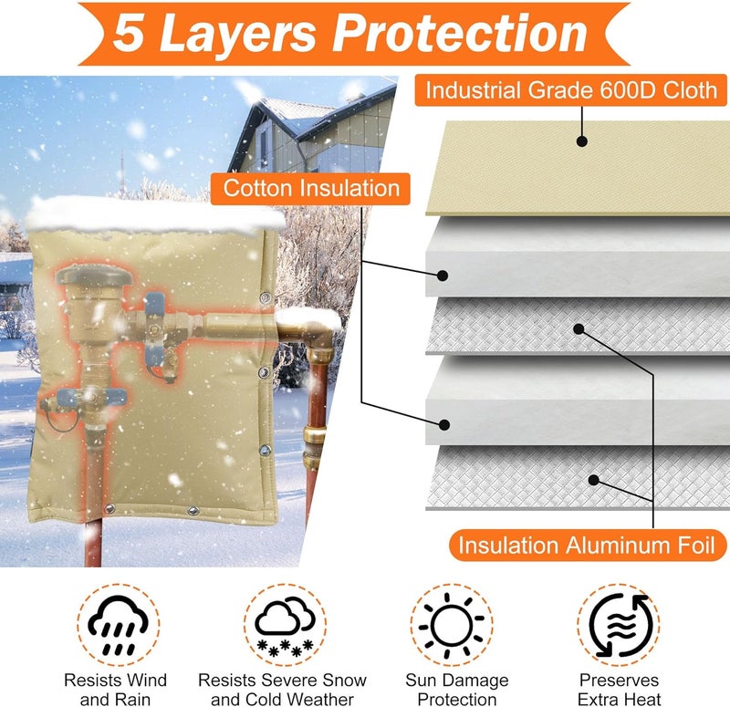 Haoall 2-Way Opening Backflow Preventer Insulation Cover 5°F,Sprinkler Cover for Outside,5 Layers Waterproof 600D Sprinkler Valve Well Pump Cover for Winter Freeze Protection 36" W x 24" H, Khaki - Image 4