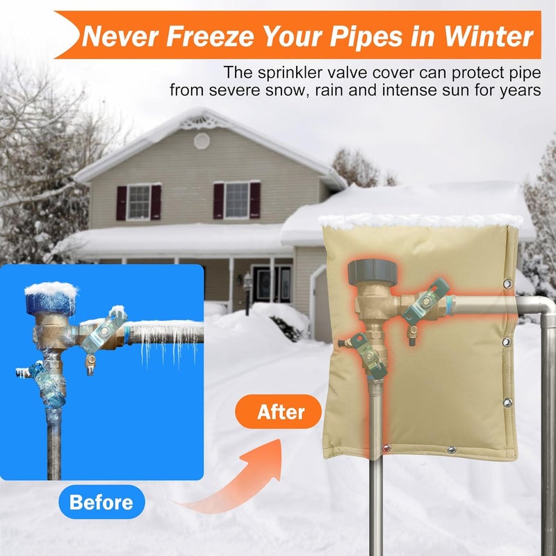 Haoall 2-Way Opening Backflow Preventer Insulation Cover 5°F,Sprinkler Cover for Outside,5 Layers Waterproof 600D Sprinkler Valve Well Pump Cover for Winter Freeze Protection 36" W x 24" H, Khaki - Image 3