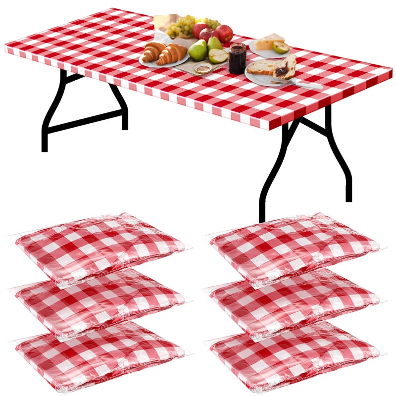 Boao 6 Pcs Plastic Picnic Table Cover 72 x 30 Inch for 6 ft Tables Disposable Waterproof Red and White Checkered Table Covers with Elastic Fitted for Picnic Camping Birthday Outdoor Party - Image 2