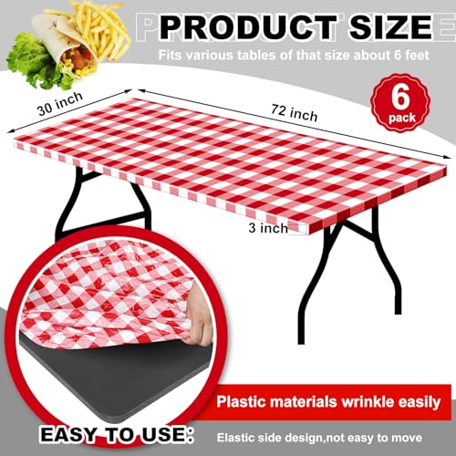 Boao 6 Pcs Plastic Picnic Table Cover 72 x 30 Inch for 6 ft Tables Disposable Waterproof Red and White Checkered Table Covers with Elastic Fitted for Picnic Camping Birthday Outdoor Party - Image 3
