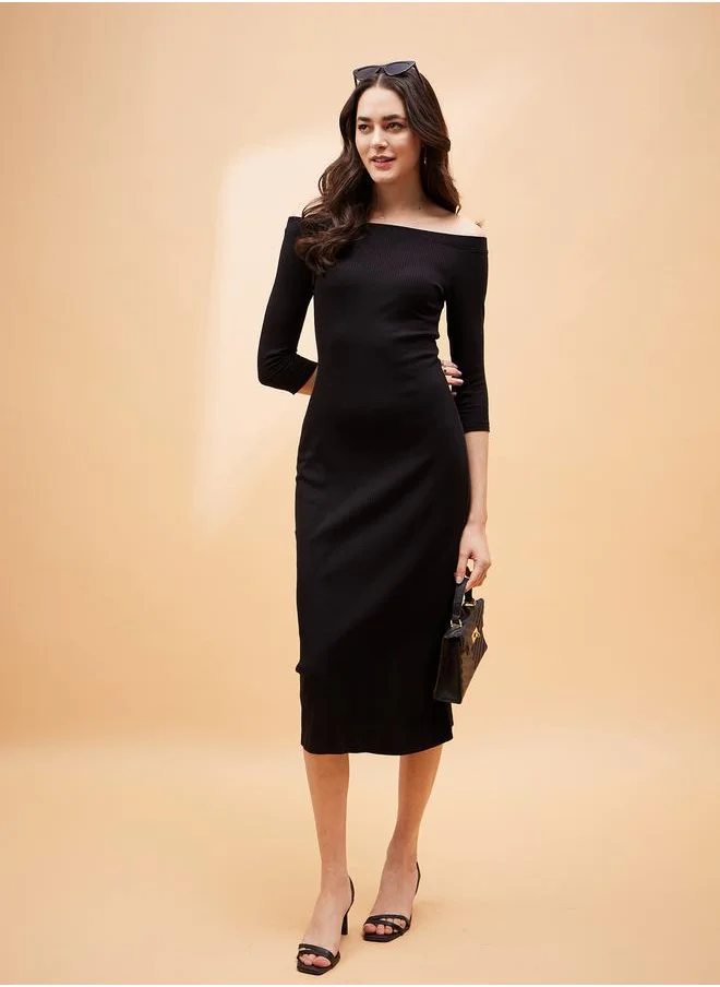 SASSAFRAS Ribbed Off Shoulder Neck Bodycon Midi Dress by Styli