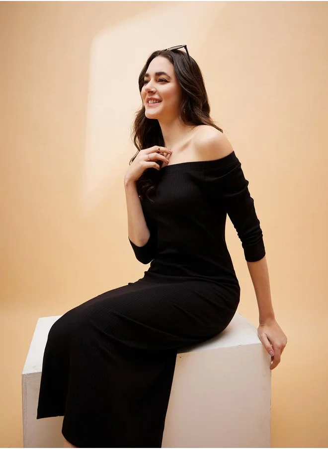 SASSAFRAS Ribbed Off Shoulder Neck Bodycon Midi Dress by Styli