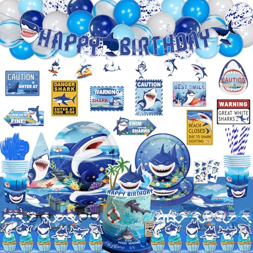 Mpanwen Shark Party Supplies 216Pcs Shark Themed Birthday Party Decorations Decor Banner Paper Glasses Balloons Cake Toppers Plates Tablecloth Hanging Swirls Wall Signs Serves 16 Guests - Image 1