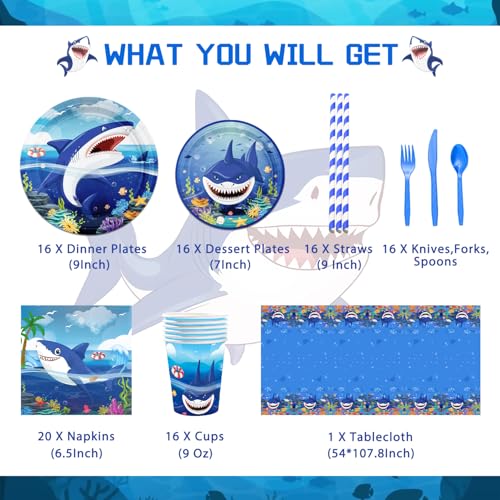 Mpanwen Shark Party Supplies 216Pcs Shark Themed Birthday Party Decorations Decor Banner Paper Glasses Balloons Cake Toppers Plates Tablecloth Hanging Swirls Wall Signs Serves 16 Guests - Image 5