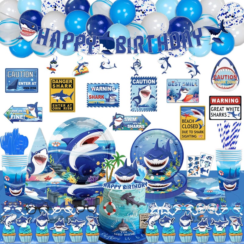 Mpanwen Shark Party Supplies 216Pcs Shark Themed Birthday Party Decorations Decor Banner Paper Glasses Balloons Cake Toppers Plates Tablecloth Hanging Swirls Wall Signs Serves 16 Guests - Image 3