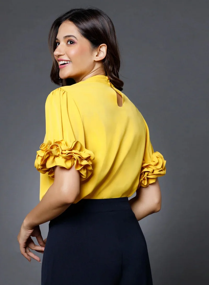 Zigzag Sleeve Detailed Neck Tie Yellow Top