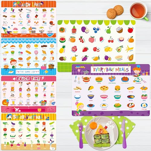 SpriteGru 6 Pack Placemats for Kids NonSlip Washable Table Mats Reusable Food Themed Dining Mats Fruits Vegetables Snacks Candies Everyday Meal Educational Placemats for Home Classroom Nursery - Image 1