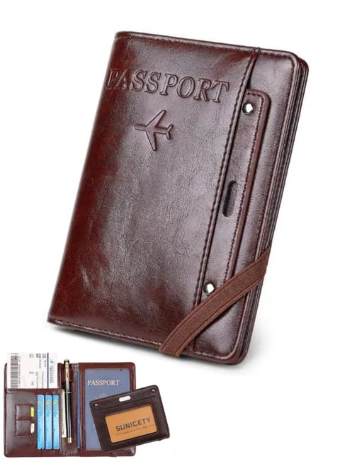 حامل جواز سفر بتقنية RFID، محفظة سفر مزودة بفتحات للبطاقات وحامل أقلام (لون القهوة)