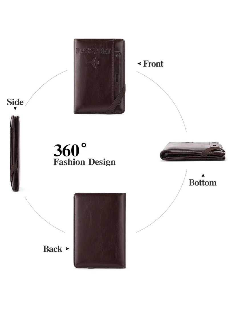 حامل جواز سفر بتقنية RFID، محفظة سفر مزودة بفتحات للبطاقات وحامل أقلام (لون القهوة)