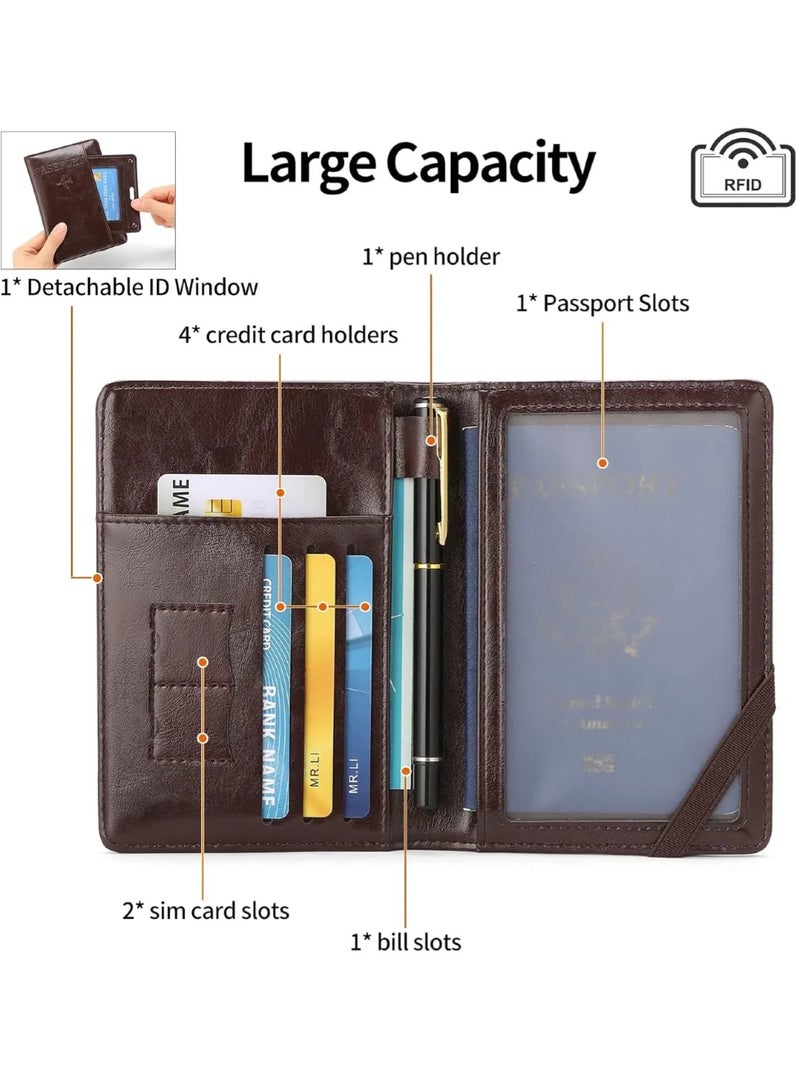 زيلو حامل جواز سفر بتقنية RFID، محفظة سفر مزودة بفتحات للبطاقات وحامل أقلام (لون القهوة) - Image 3