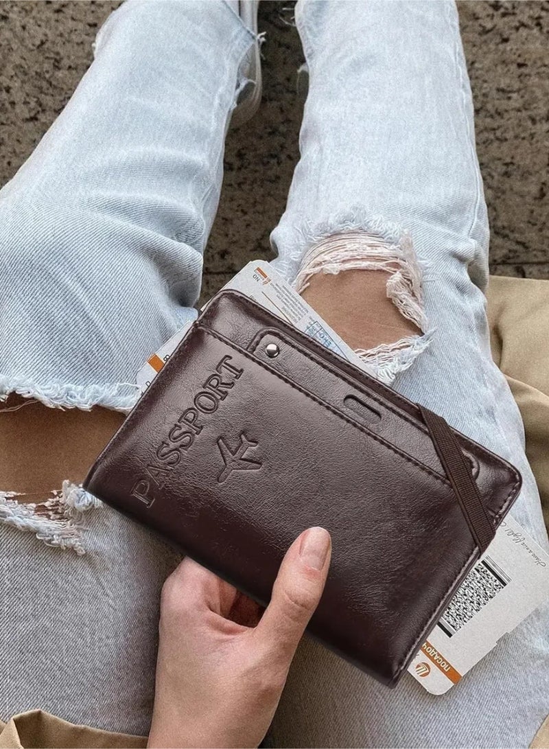 زيلو حامل جواز سفر بتقنية RFID، محفظة سفر مزودة بفتحات للبطاقات وحامل أقلام (لون القهوة) - Image 2