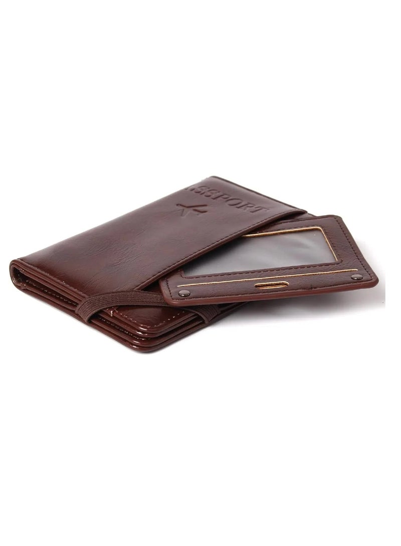 حامل جواز سفر بتقنية RFID، محفظة سفر مزودة بفتحات للبطاقات وحامل أقلام (لون القهوة)