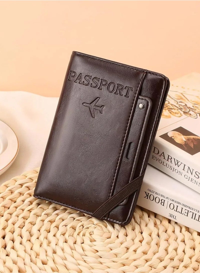 حامل جواز سفر بتقنية RFID، محفظة سفر مزودة بفتحات للبطاقات وحامل أقلام (لون القهوة)