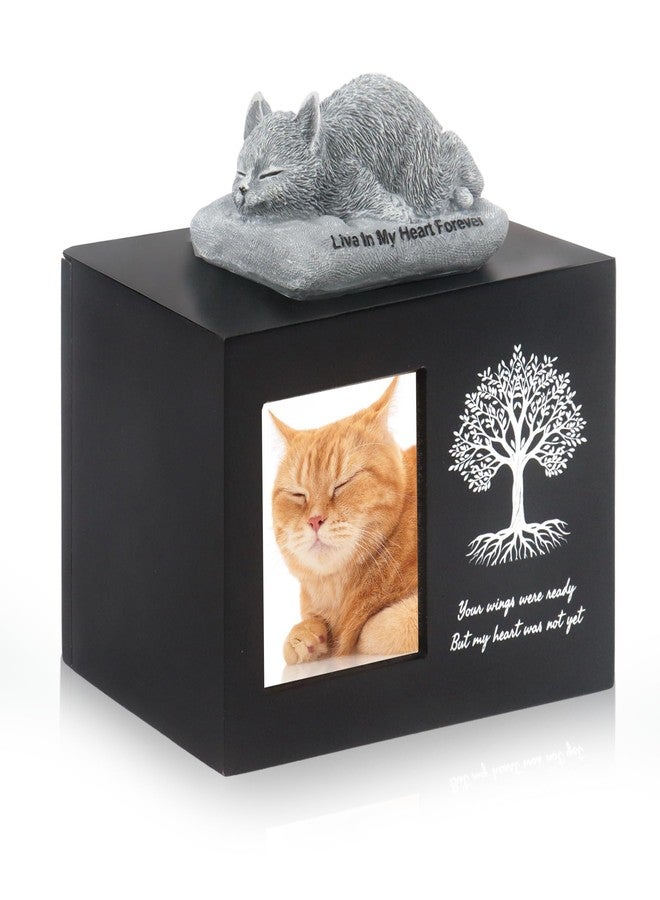 Dmnnlp Cat Memorial Urn for Ashes - Tree Pattern Cat Keepsake Wooden Box with Photo Frame, Resin Angel Cat Statue & Velvet Ash Bag 7.1"x5.12"x5.12"(Black) - Image 1
