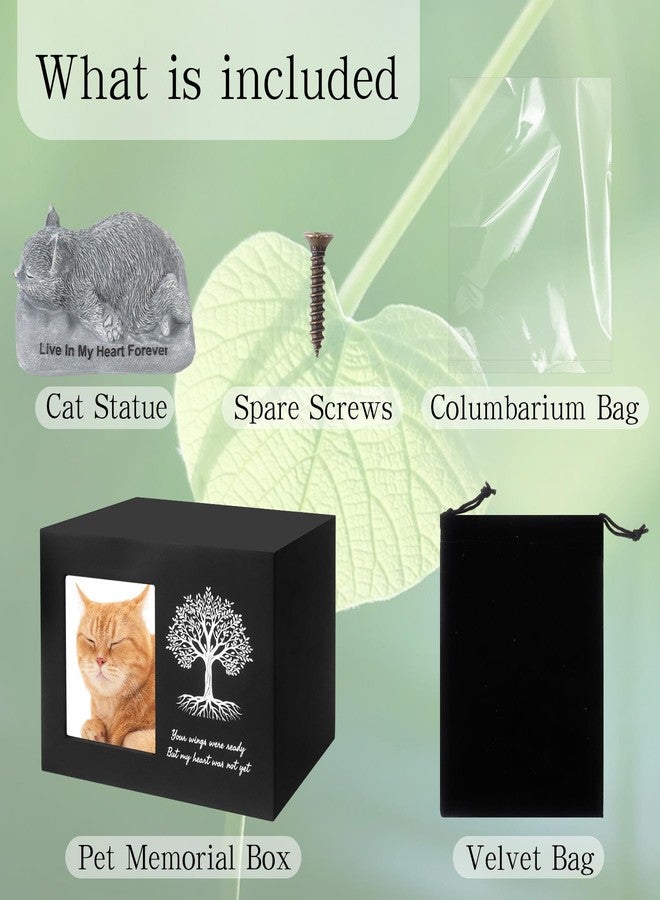 Dmnnlp Cat Memorial Urn for Ashes - Tree Pattern Cat Keepsake Wooden Box with Photo Frame, Resin Angel Cat Statue & Velvet Ash Bag 7.1"x5.12"x5.12"(Black) - Image 3