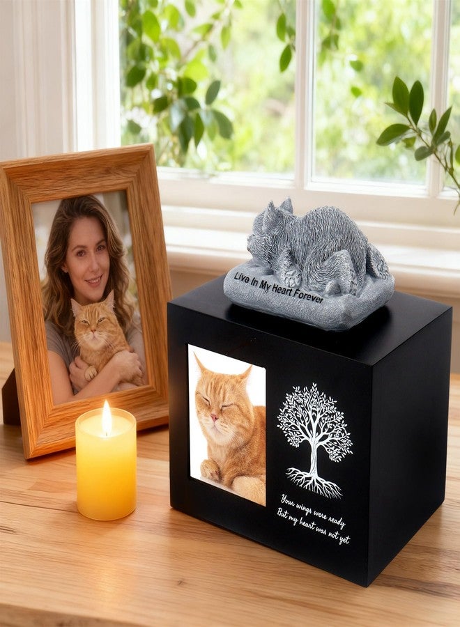 Dmnnlp Cat Memorial Urn for Ashes - Tree Pattern Cat Keepsake Wooden Box with Photo Frame, Resin Angel Cat Statue & Velvet Ash Bag 7.1"x5.12"x5.12"(Black) - Image 5