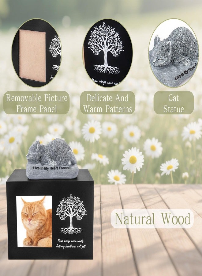 Dmnnlp Cat Memorial Urn for Ashes - Tree Pattern Cat Keepsake Wooden Box with Photo Frame, Resin Angel Cat Statue & Velvet Ash Bag 7.1"x5.12"x5.12"(Black) - Image 4