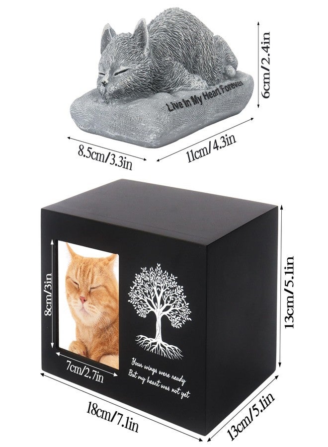 Dmnnlp Cat Memorial Urn for Ashes - Tree Pattern Cat Keepsake Wooden Box with Photo Frame, Resin Angel Cat Statue & Velvet Ash Bag 7.1"x5.12"x5.12"(Black) - Image 2