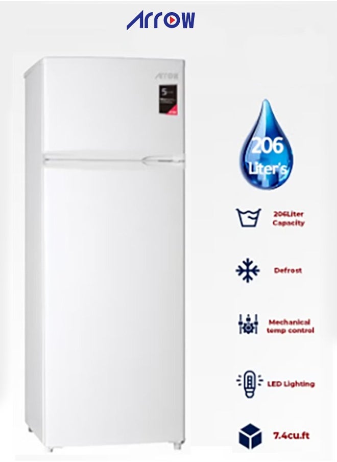 Arrow 206 liters Double Door Refrigerator, 7.2 Cubic Feet, Defrost Refrigerator, White color, Energy Saving ,Inside LED lighting | RO2-320L  - Image 1