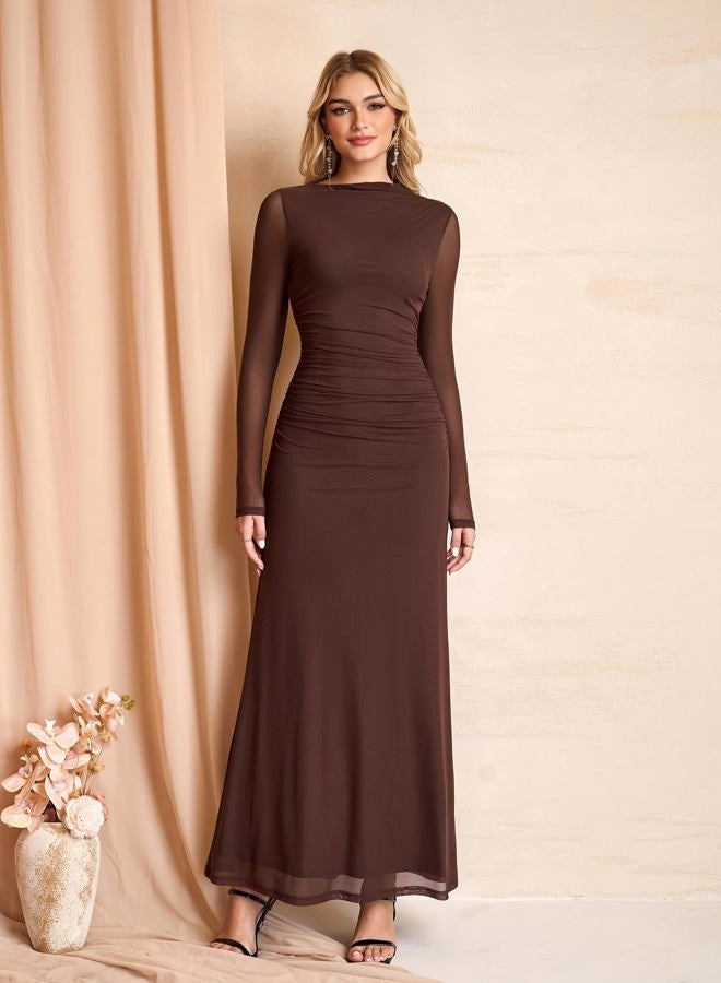 HTZMO Women Fall Long Sleeve Bodycon Floral Maxi Dress Ruched A Line Flowy Wedding Guest Formal Party Long Dresses, Brown, M - Image 3