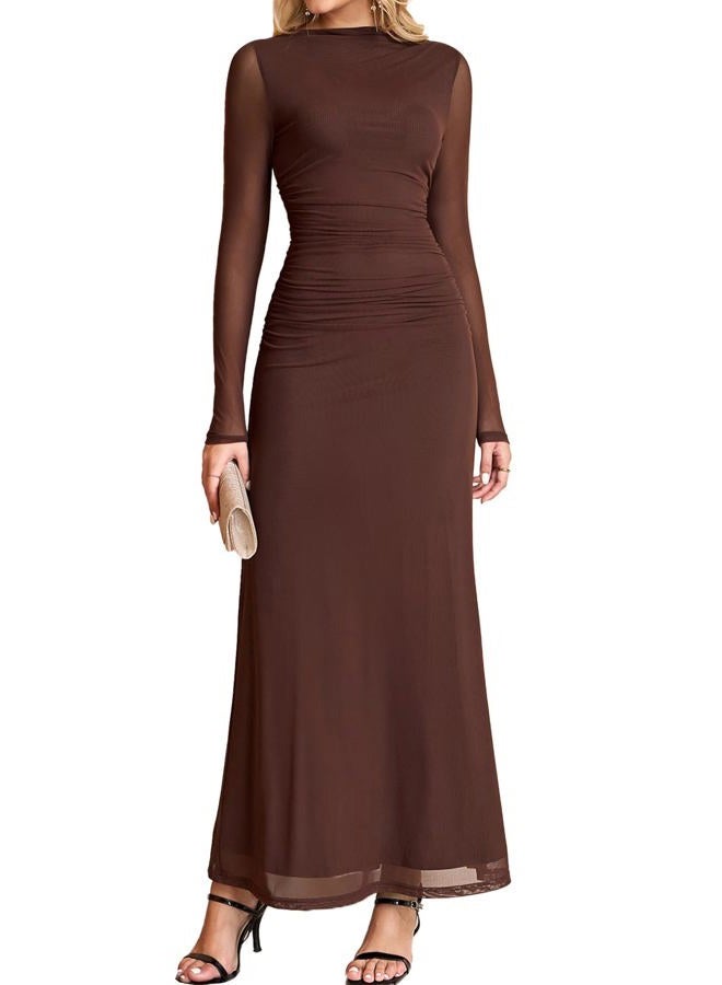 HTZMO Women Fall Long Sleeve Bodycon Floral Maxi Dress Ruched A Line Flowy Wedding Guest Formal Party Long Dresses, Brown, M - Image 1
