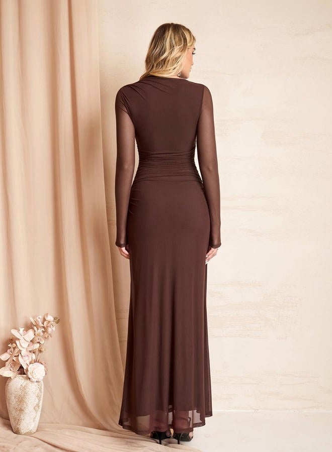 HTZMO Women Fall Long Sleeve Bodycon Floral Maxi Dress Ruched A Line Flowy Wedding Guest Formal Party Long Dresses, Brown, M - Image 2