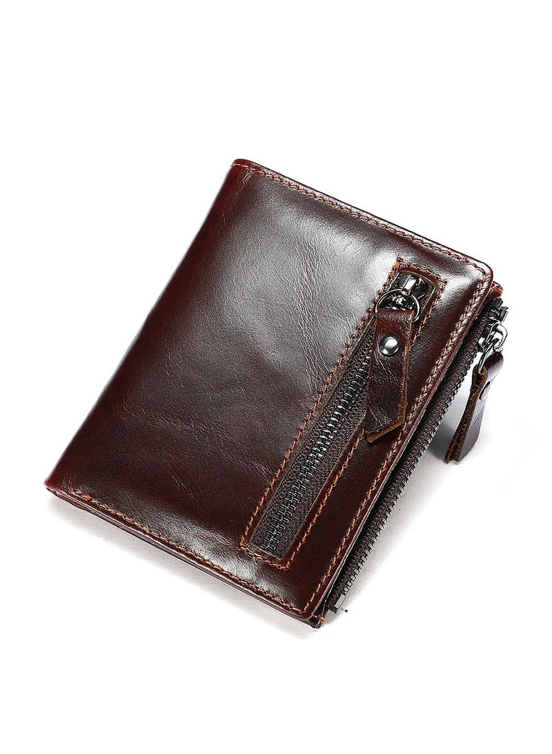 xozgdovg Leather coin purse retro casual vertical money baotou layer deep coffee color 