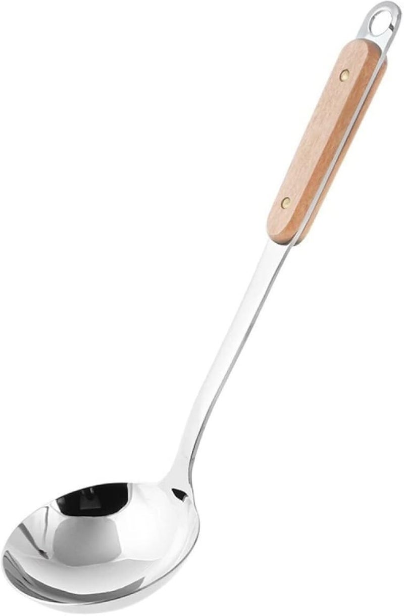 Happy Home Stainless Steel Kitchen Utensil,Wok Ladle with Long Heat Resistant Wood Handle, 13.0 inches Soup Ladle for Wok.