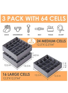 Arabest 3 Pack Sock Underwear Organizer Dividers, 64 Cell Drawer Organizers Fabric Foldable Cabinet Closet Organizers and Storage Boxes for Storing Socks, Underwear, Ties (16+24+24 Cell, Gray)  - Image 4