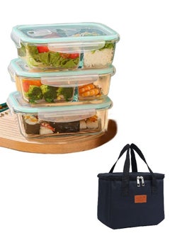 Browning 3 Piece Large Capacity Microwave Heating High Borosilicate Food Grade Glass Lunch Boxes Glass Bowls Sealed Crisper Box ,Lunch Boxes Office,Lunch Boxes School,1040ml, 1040ml, 640ml with Insulation Bag  - Image 2