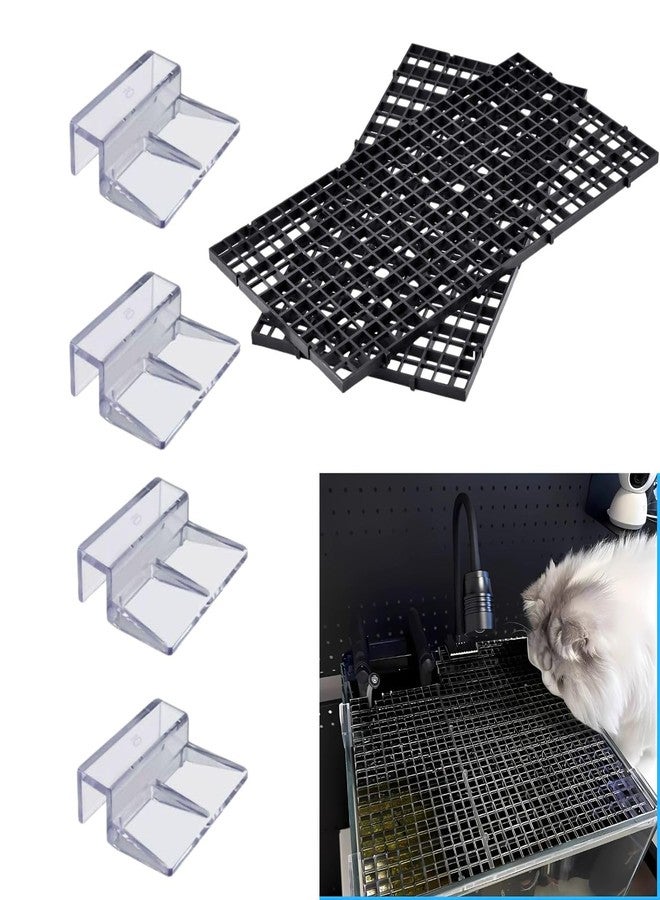 VAYINATO® Black Plastic Divider Panel Separator Grid Isolation Board and Aquarium Fish Tank Glass Clossing Top Lid Cover Support Clip Clamp (2 Egg Crate / 4 Acrylic Clear Clips Holder, 6mm) - Image 1