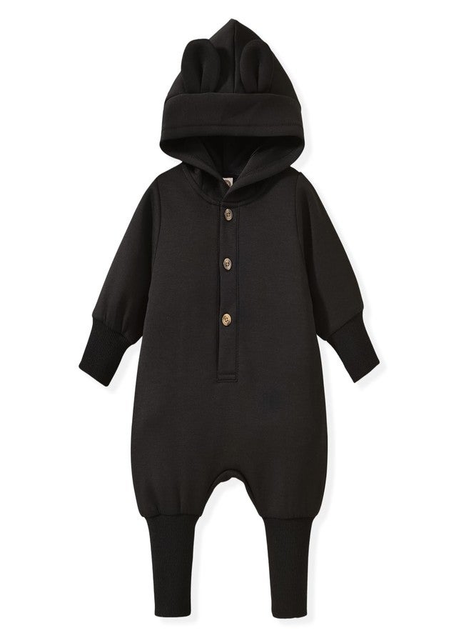KOZBY 6-12 Months Unisex Baby Boy Girl Hooded Jumpsuit 9 months Long Sleeves Romper Outfits Infant Gender Neutral Solid Color Loose Clothes Fall Winter Spring Black - Image 1