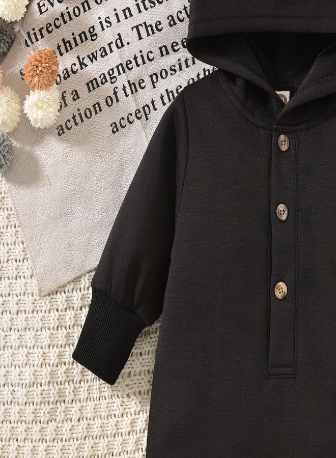KOZBY 6-12 Months Unisex Baby Boy Girl Hooded Jumpsuit 9 months Long Sleeves Romper Outfits Infant Gender Neutral Solid Color Loose Clothes Fall Winter Spring Black - Image 4