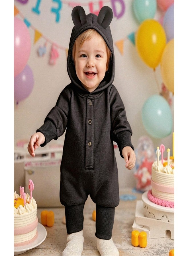 KOZBY 6-12 Months Unisex Baby Boy Girl Hooded Jumpsuit 9 months Long Sleeves Romper Outfits Infant Gender Neutral Solid Color Loose Clothes Fall Winter Spring Black - Image 2
