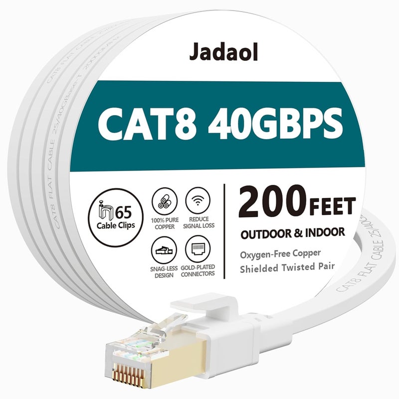 Jadaol Cat 8 Ethernet Cable 200ft (60.96m), 40Gbps 2000MHz Flat S/FTP LAN Patch Cable, High-Speed Cat8 Network Cable for Router, Modem, Switch, Gaming Consoles, PC, Smart TV & Streaming Devices, White - Image 1