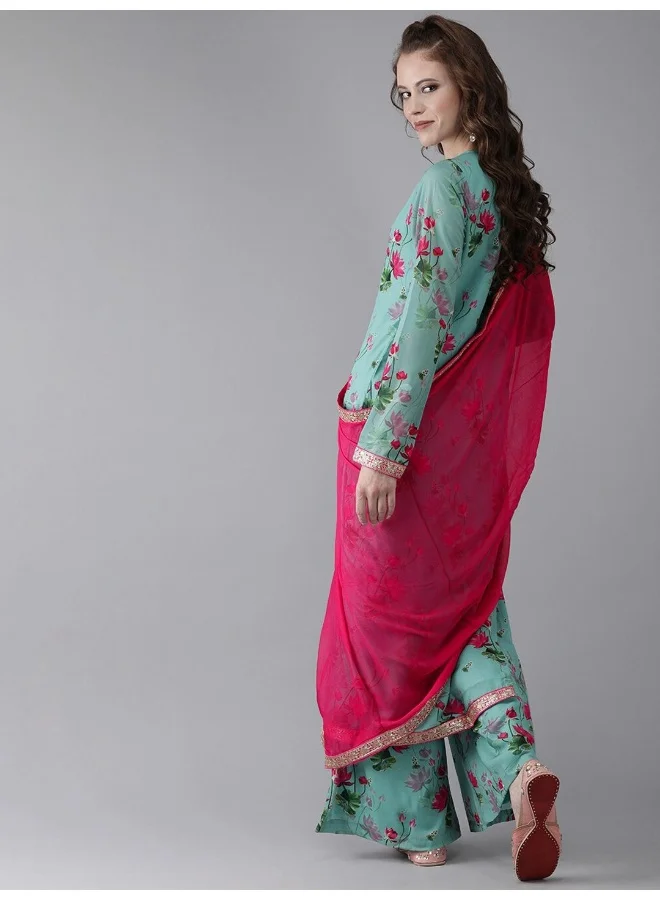 Aks  AKS Floral Printed Gotta Patti Kurta with Palazzos & With Dupatta for Women | Best Price UAE