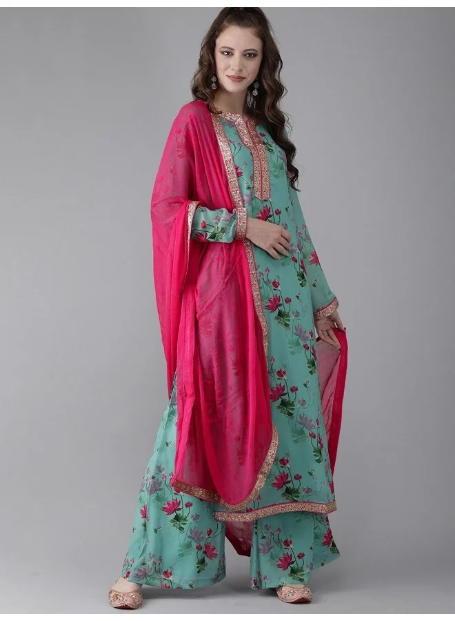 Aks  AKS Floral Printed Gotta Patti Kurta with Palazzos & With Dupatta for Women | Best Price UAE