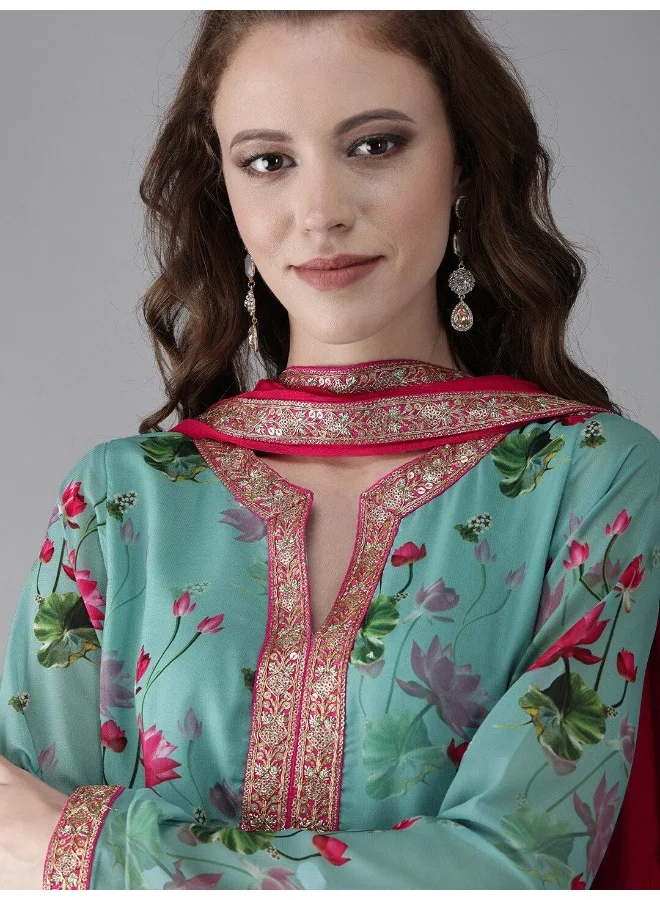 Aks  AKS Floral Printed Gotta Patti Kurta with Palazzos & With Dupatta for Women | Best Price UAE