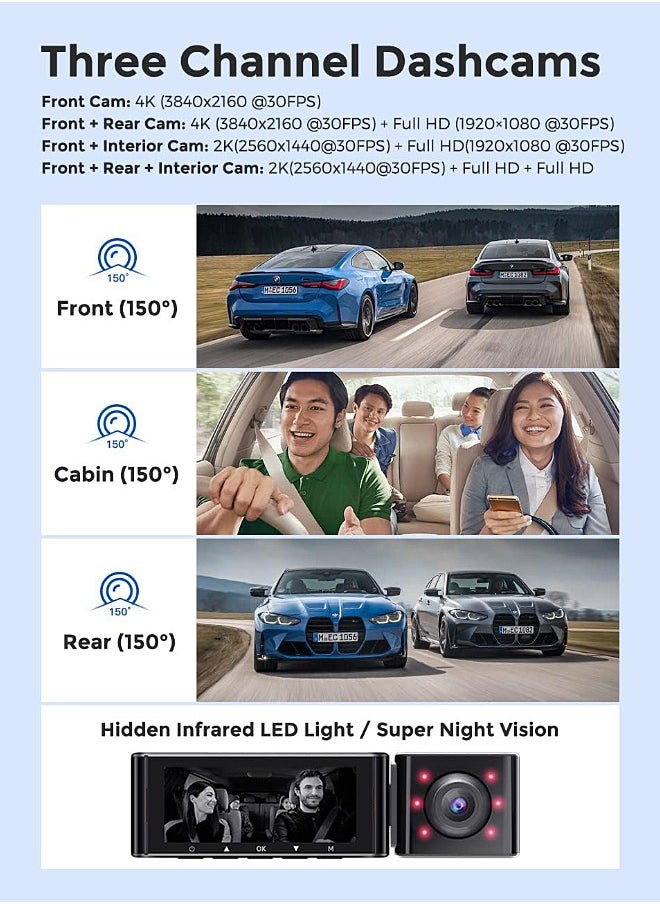 أزدوم - 2K + 1K + 1K DVR dashcam الأمامية والمدمج في كاميرا ثلاثية سيارة dashcam 139mm IPS شاشة dashcam المدمج في واي فاي G الاستشعار وقوف السيارات رصد حلقة تسجيل - Image 1