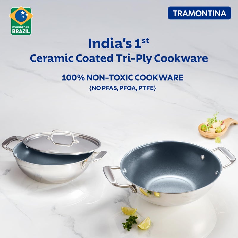 TRAMONTINA TRAMONTINA Fusao Healthy Triply Ceramic 26cm/3.7L Kadai EX+ with SS 304 lid | Non Toxic Kadhai(PFAS/PTFE/PFOA Free) Curry | Deep Fry | StirFry | Induction Friendly | Stay Cool Handle  - Image 2