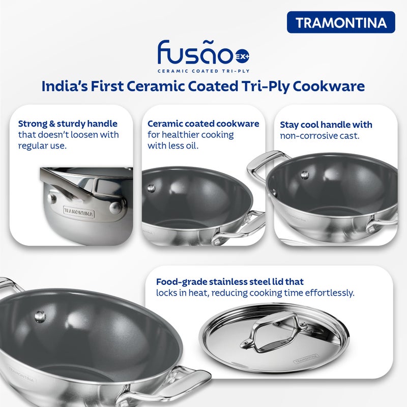 TRAMONTINA TRAMONTINA Fusao Healthy Triply Ceramic 26cm/3.7L Kadai EX+ with SS 304 lid | Non Toxic Kadhai(PFAS/PTFE/PFOA Free) Curry | Deep Fry | StirFry | Induction Friendly | Stay Cool Handle  - Image 4