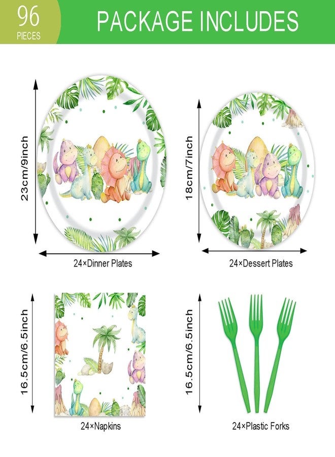 Vanulus 96 Pieces Dinosaur Birthday Party Decorations Supplies Dinosaur Baby Shower Party Tableware Set Watercolor Dino Baby Shower Birthday Party Dessert Plates Napkins Forks for 24 Guests - Image 2
