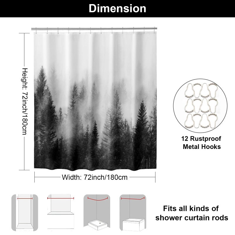 ORTIGIA Black and White Misty Forest Shower Curtain for Bathroom, Nature Woodland Curtain Set with Hooks, Decorative Pine Tree Fog Magic Bath Decor for Home Weighted, 72x72 - Image 2