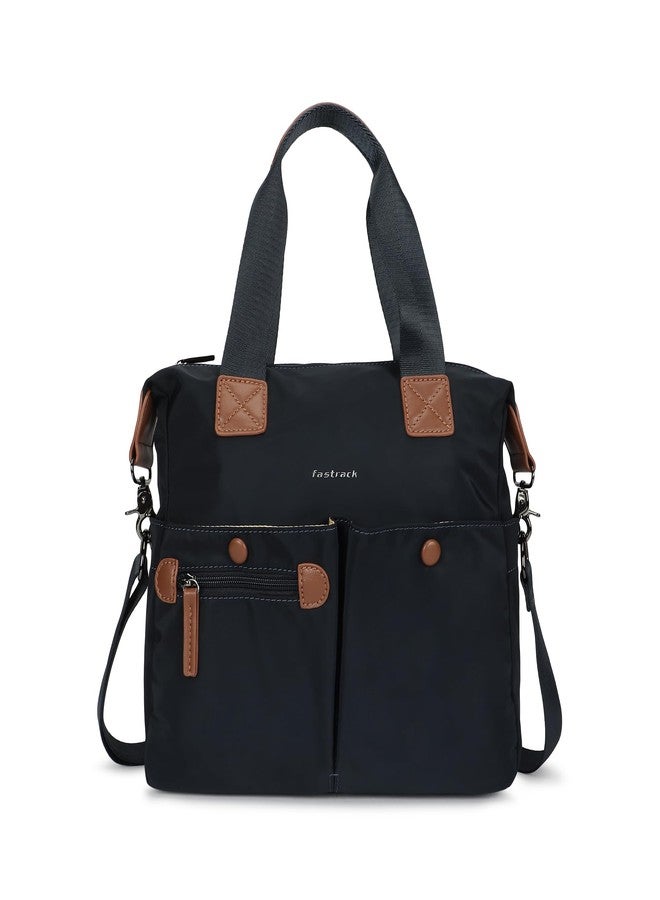 fastrack Prussian Edge Nylon Satchel | Dual Carry Handbag with Webbing Handles & Detachable Strap | Deep Blue with Tan Accents | Spacious & Multi-Pocket Design - Image 1