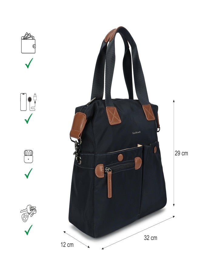 fastrack Prussian Edge Nylon Satchel | Dual Carry Handbag with Webbing Handles & Detachable Strap | Deep Blue with Tan Accents | Spacious & Multi-Pocket Design - Image 4